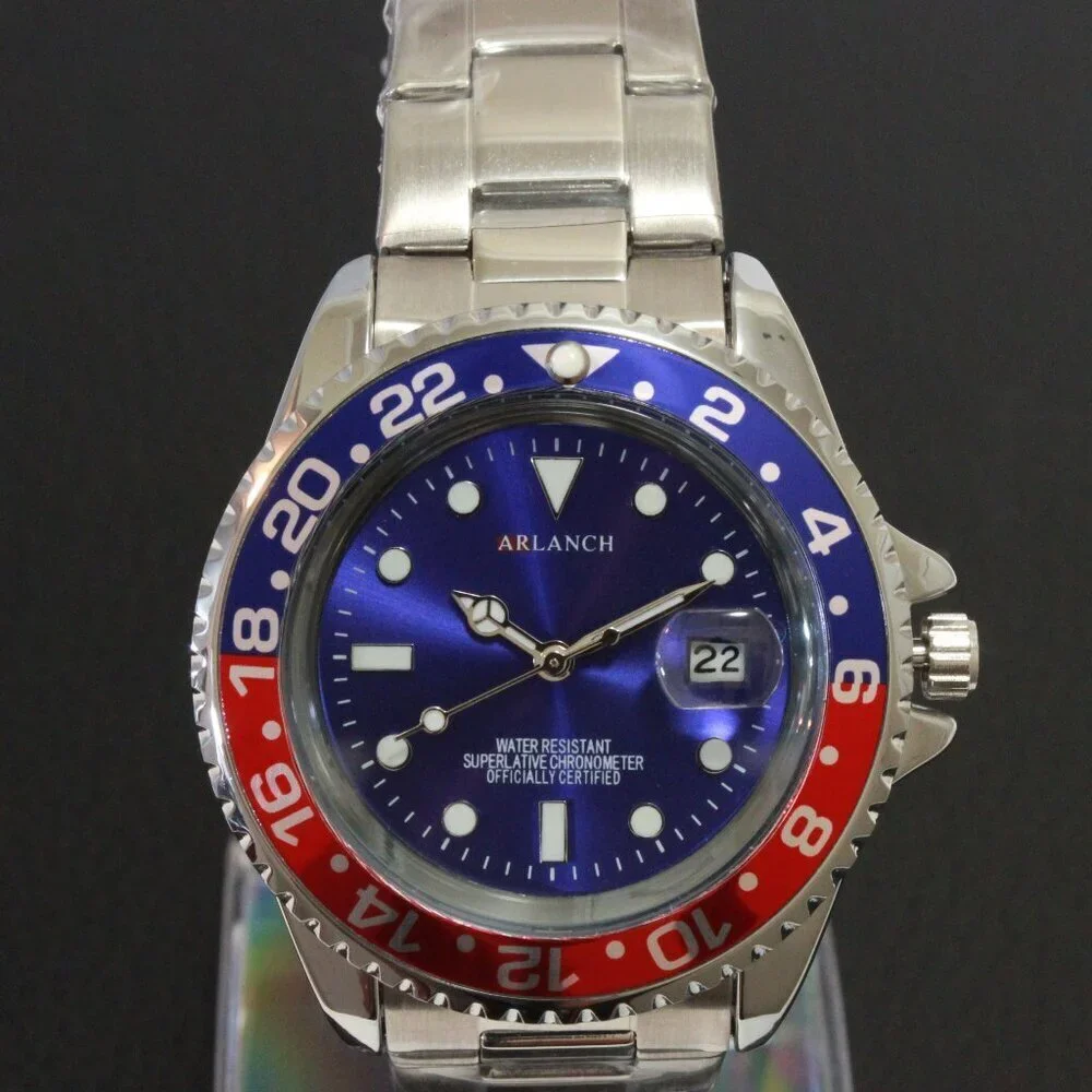 Men's Diver Style Watch Pepsi Bezel Stainless Bracelet 40mm